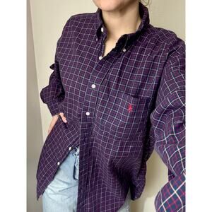 Ralph Lauren distressed classic fit plaid Christmas button down navy red holiday